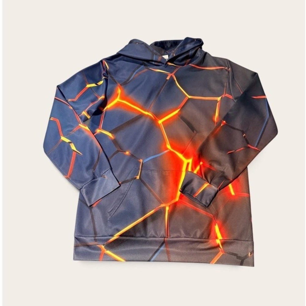 Kids Volcanic Lava Crackle Print Hoodie Orange Blue 3D Graphic Pullover Youth XL